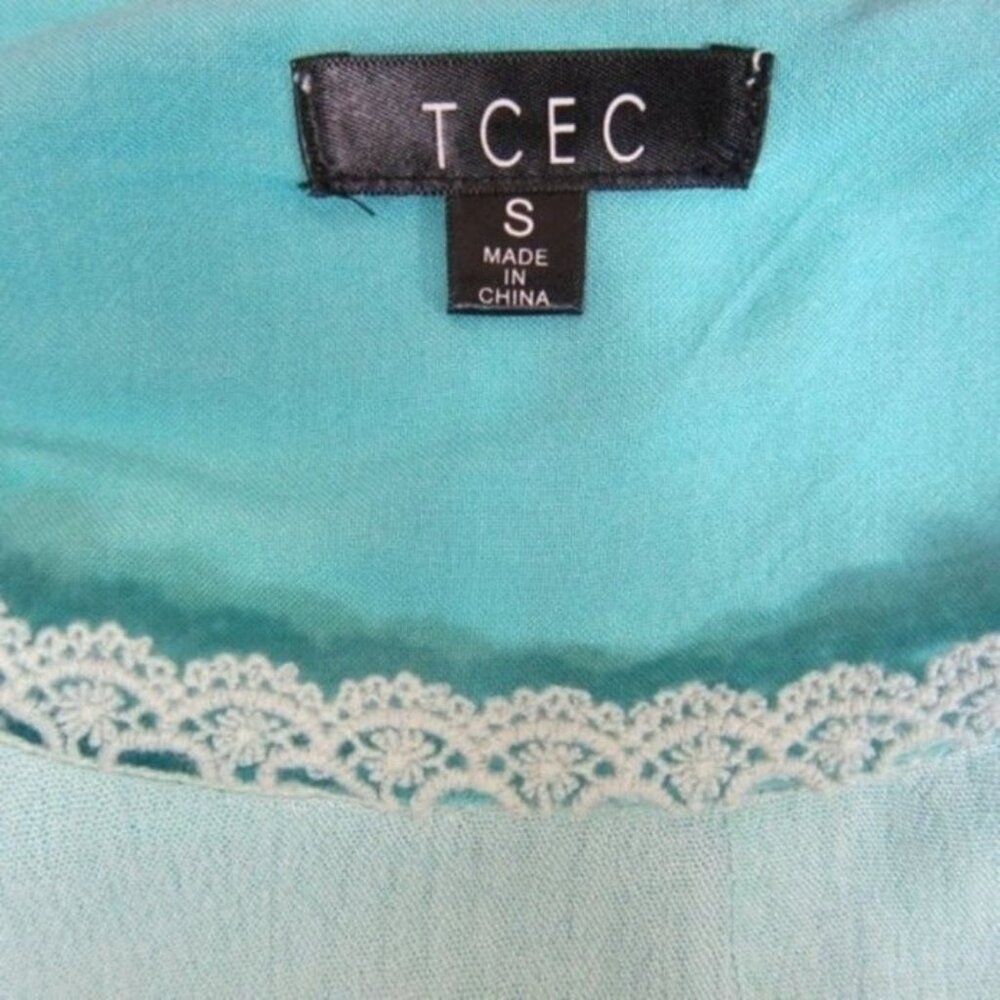 Small A-line Mini Dress Aqua Teal Blue Long Bell Sleeves w/ Lace Scoop Neck NEW - Picture 9 of 12